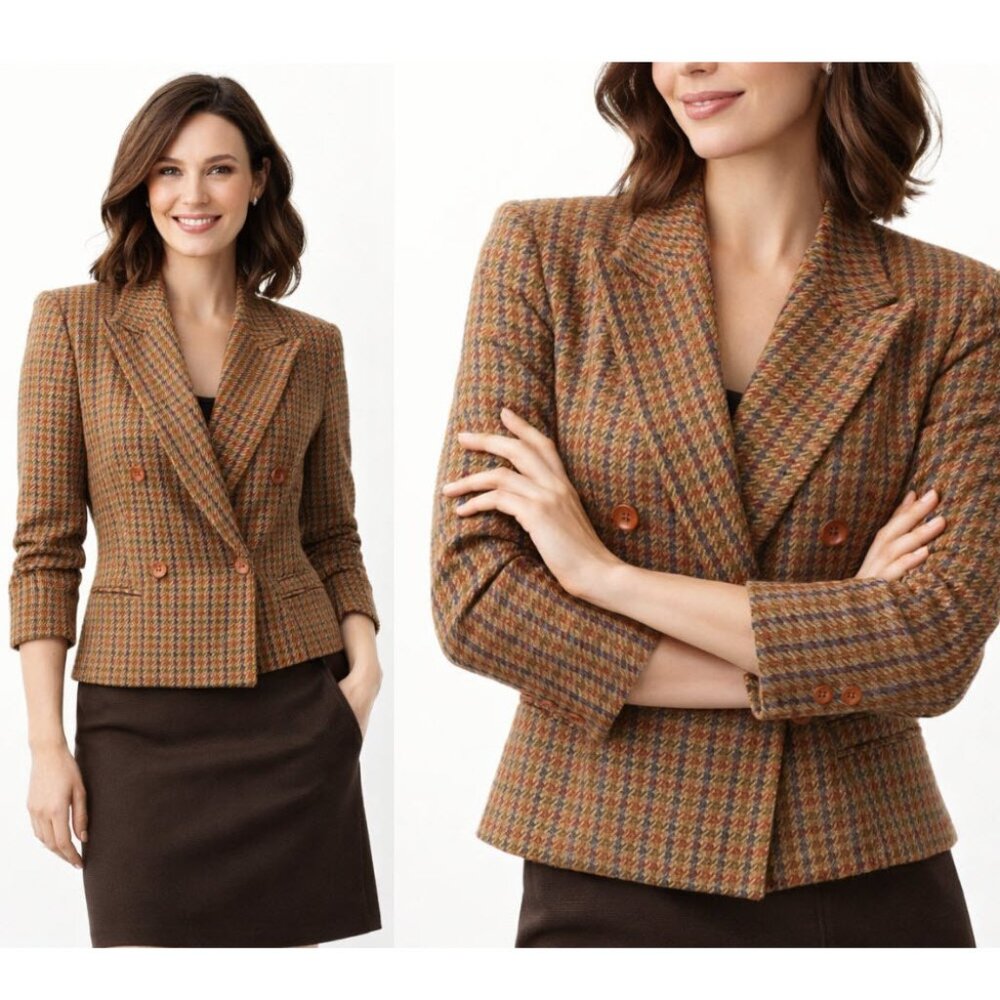 Louben Vintage Double-Breasted Wool Blazer Size 6 Houndstooth Tailored